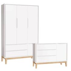 Cômoda com Porta e Guarda Roupa Infantil 3 Portas New Classic Branco c