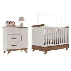 Berço Americano Vitória E Cômoda Infantil Retrô Maya Off White Carvalh