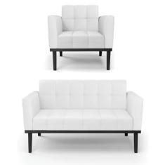 Sofá Namoradeira e Poltrona Base de Madeira Preto Elisa material sinté