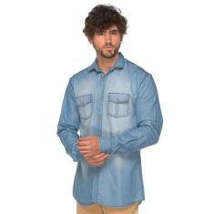 Camisa Social Manga Longa Slim Jeans Leve Bolsos Casual - TEODORO, Azu