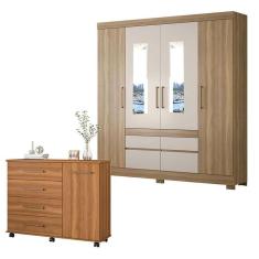 Cômoda Flora E Guarda Roupa Casal Bilbao Amêndola Off White Com Espelho - Demóbile