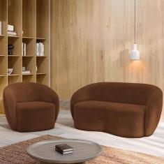 Conjunto 1 Sofá Living 180cm E 1 Poltrona íbis Encosto Fixo Veludo Marrom G33 - Gran Belo