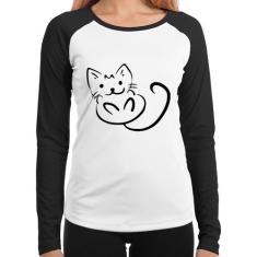 Baby Look Raglan Gatinho Traços Manga Longa - Foca na Moda, Branco, Pr
