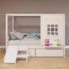 Cama Casinha Reta com 02 Gavetas e Escorregador Madeira Maciça Branco Housin