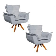 Kit 2 Poltronas Decorativas Sala de Estar Base Giratória Madeira Opla 