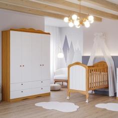 Quarto de Bebê 2 Peças com Berço e Guarda-roupa 4 Portas 4 Gavetas Aquarela Espresso Móveis Nature/Branco