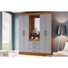 Guarda Roupa Casal 4 Portas e 3 Gavetas c/ 1 Espelho Briz B24 Nature/Cinza - Henn
