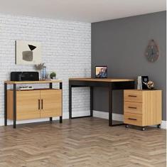 Conjunto Home Office 3 Peças 1 Escrivaninha 1 Gaveteiro 1 Balcão Estilo Industrial Pradel Móveis Freijó/preto