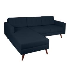 Sofá 3 Lugares Esquerdo Living com Chaise Esquerdo Pé Palito Linho Cotton Azul Marinho