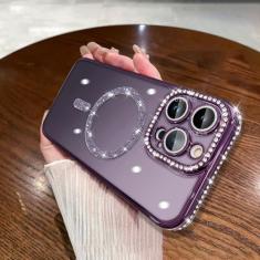 Capa luxuosa de diamante macio TPU transparente brilhante para iPhone 15 11 12 13 14 Pro Max Plus capa magnética de carregamento sem fio, roxo escuro, para iPhone 15 ProMax
