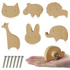 Zaruatu 6 maçanetas de madeira para armário de animais com parafusos puxadores decorativos de madeira natural puxadores de móveis de animais fofos adequados para puxadores de gaveta de berçário