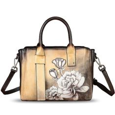 Bolsa feminina de couro genuíno pintada à mão, bolsa de mão com alça superior, bolsa tiracolo, Padrão 2
