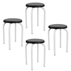 Kit 4 Banquetas Baixas Empilháveis Maviê Aço Assento Couro Sintético Branco Mpozenato