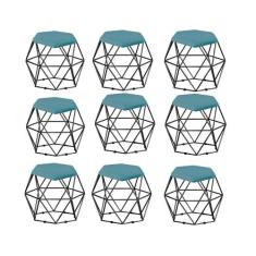 Kit 09 Puff Banqueta Aramado Mila Base Preta Hexágono Suede Azul Turqu