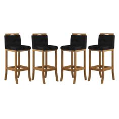 Kit 4 Banquetas Média Encosto Estofado 38x92Cm Turim Madeira Maciça Amêndoa Suede Preto ccs