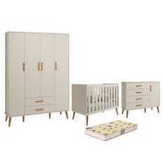 Dormitório Infantil Isis Guarda Roupa 4 Portas, Cômoda 1 Porta E Berço Areia Com Colchão D18 - Reller Móveis Areia