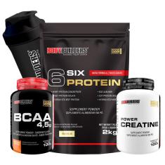 Kit 6 Six Protein 2kg Morango + BCAA 4,5 100g + Creatina 100g + Coqueteleira – Bodybuilders-Unissex