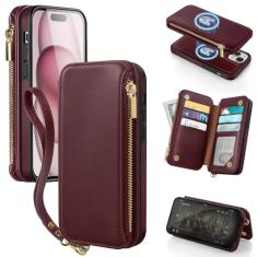 Antsturdy Capa carteira removível 2 em 1 para iPhone 15 com Magsafe, bloqueio de RFID, carregador magnético, sem fio, capa de telefone de couro PU, capa flip com suporte para cartão, alça de pulso