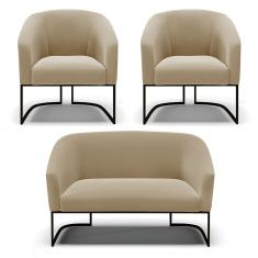 Sofá Namoradeira E 2 Poltronas Base Industrial Preto Stella Suede D03 - D'rossi Cor Marrom Rato