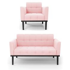 Sofá Namoradeira E Poltrona Base De Madeira Preto Elisa Suede Rosa Bebê D03 - D'rossi