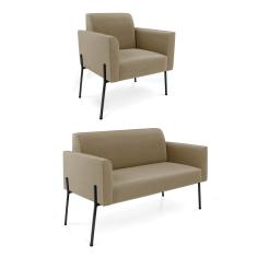 Sofá Namoradeira e Poltrona Pé de Ferro Preto Marisa Suede Marrom Rato D03 - D'Rossi