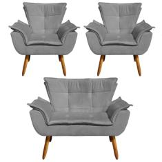 Kit Namoradeira 2 Lugares e 2 Poltronas Decorativas Pés Palito Opla Suede Grafite - Ibiza