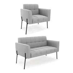 Sofá Namoradeira E Poltrona Pé De Ferro Preto Para Sala Elisa Suede Cinza D03 - D`rossi