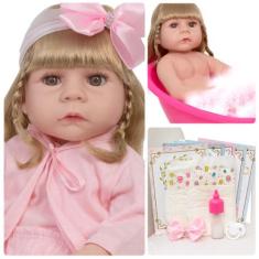Boneca Reborn Loira Pode Dar Banho 100% Silicone + Itens - Cegonha Reb