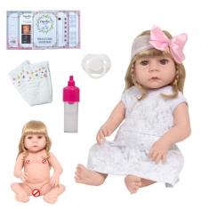 Boneca Reborn Recém Nascida Loira Completa Enxoval 13 Itens - Cegonha 