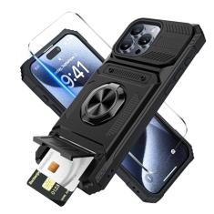 Benbenjaytek Capa carteira para iPhone 15 Pro com suporte para cartão + 1 protetor de tela, (2 cartões) e suporte de anel de 360°, capa resistente à prova de choque de grau militar para iPhone 15 Pro