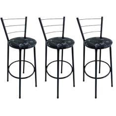 Kit 3 Banquetas Alta Preta com Encosto Assento Floral Preto Jaddi