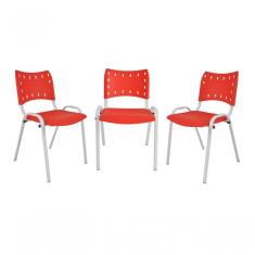 Kit 3 Cadeiras Iso para Escola Escritório Comércio Vermelha Base Branca
