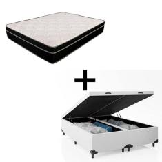 Cama Box Baú Casal 138 Bipartido - Tecido Sintético Branco Com Colchão Paris - Molas Ensacadas Preto 67x138x188