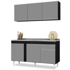Armário Aéreo Argélia E Balcão Gabinete Com Pia Inox 150cm Dakota Preto-cinza - Lumil