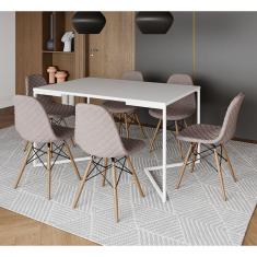 Mesa Industrial Retangular Branca Base V Aço Branco 137x90cm 6 Cadeiras Madeira Estofadas Nude Médio