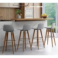 Kit 4 Banquetas Altas Luxo Versatil Aço Champanhe Linho Cinza Base Carvalho 