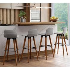 Kit 4 Banquetas Altas Luxo Linea Aço Preto Linho Cinza Base Carvalho 