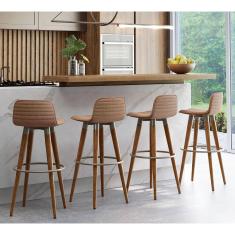 Kit 4 Banquetas Altas Luxo Versatil Aço Champanhe Linho Terracota Base Carvalho 