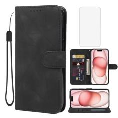 Wanyuexes Capa para iPhone 15 de 6,1 polegadas, capa carteira para Apple 15 com protetor de tela de vidro temperado, toque de pele PU, flip fólio, suporte para cartão de crédito, suporte para iPhone