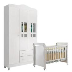 Berço Americano Mirelle e Guarda Roupa Infantil Ariel 3 Portas Branco 