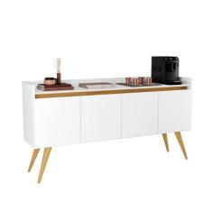 Aparador Buffet Sala Gold 4 Portas com Pés de Madeira Maciça Branco/mel