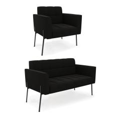 Sofá Namoradeira E Poltrona Pé De Ferro Preto Para Sala Elisa Suede D03 - D'rossi Cor Preto