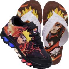 Kit Tênis De Led Infantil Menino Masculino Naruto + Chinelo, Preto, 19