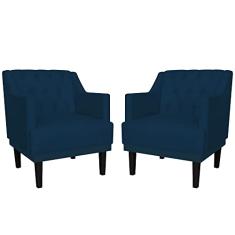 Kit 02 Poltronas Decorativas Clássica Pés Trapézio Suede Azul Marinho - DS Estofados