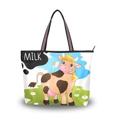 Bolsa feminina com alça superior fofa de vaca no prado, bolsa de ombro, Multicolorido., Large