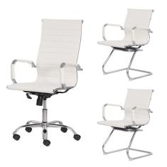 Kit Cadeira de Escritório Presidente Stripes + 2 Cadeiras Interlocutor Fixa Branca Office