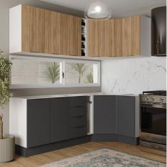 Cozinha Modulada 8 Peças sem Tampo com Rodapé 4 Aéreos e 4 Balcões Ipanema Cabecasa Madeiramadeira Grafite Trama/Acácia