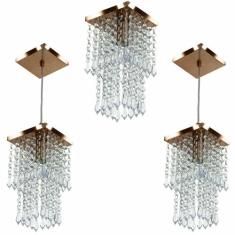 Kit 1 Lustre Cristal Acr. Spark + 2 Pendentes Spark Cobre - MARRYLUZ