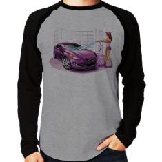 Camiseta Raglan Lava Jato Carro Roxo Manga Longa - Foca na Moda, Cinza