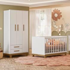Quarto de Bebê Qencanto Slim com Roupeiro 4340 e Berço 4315 Qmovi Branco Acetinado + Colchão Gazin